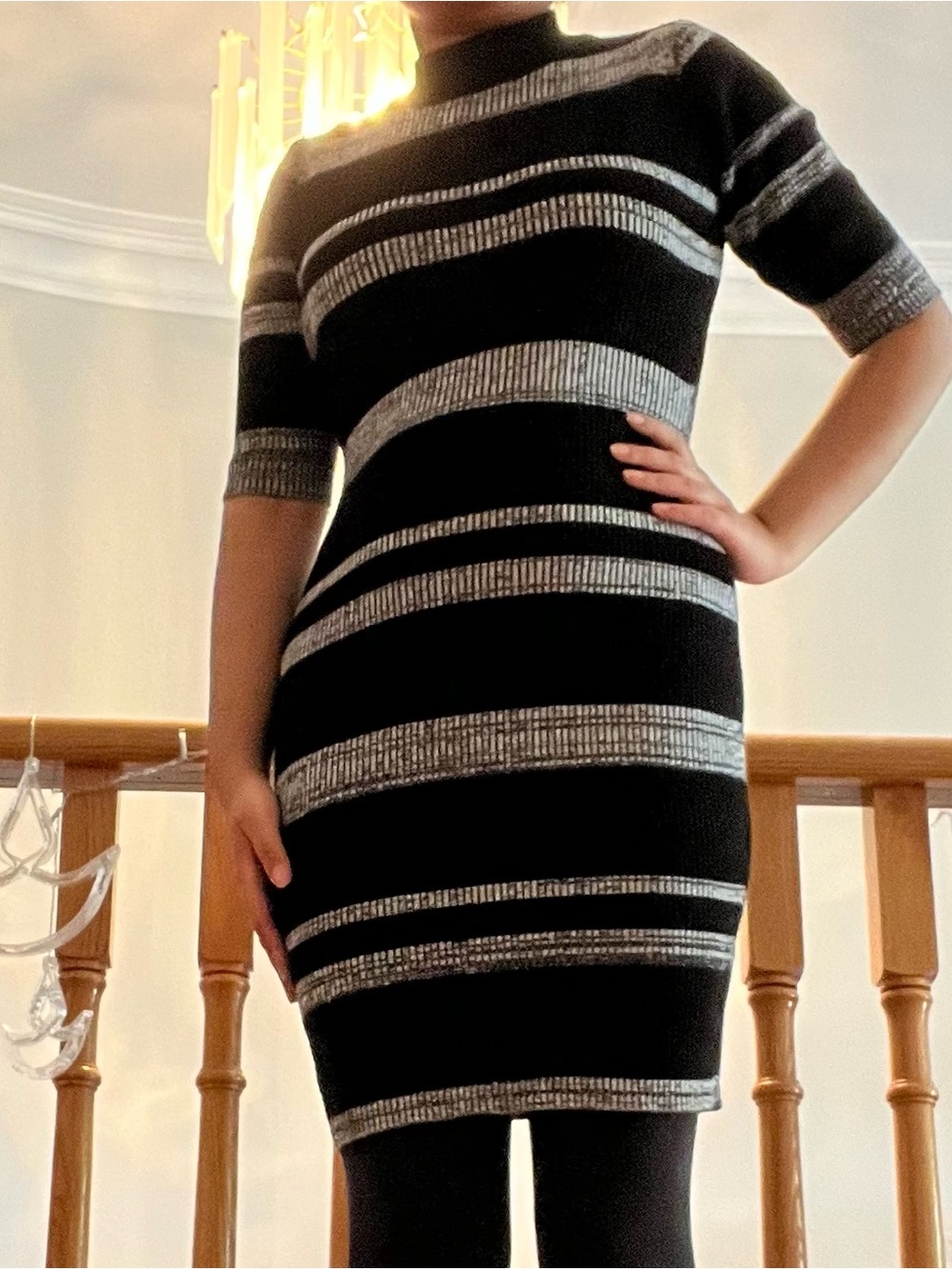 Vintage Y2K Black and Silver Striped Mid-length Sleeve Knit Dress Women’s